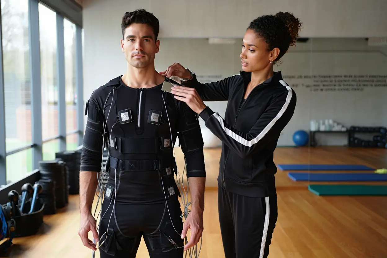 Coach professionnel ajustant l'électrostimulation