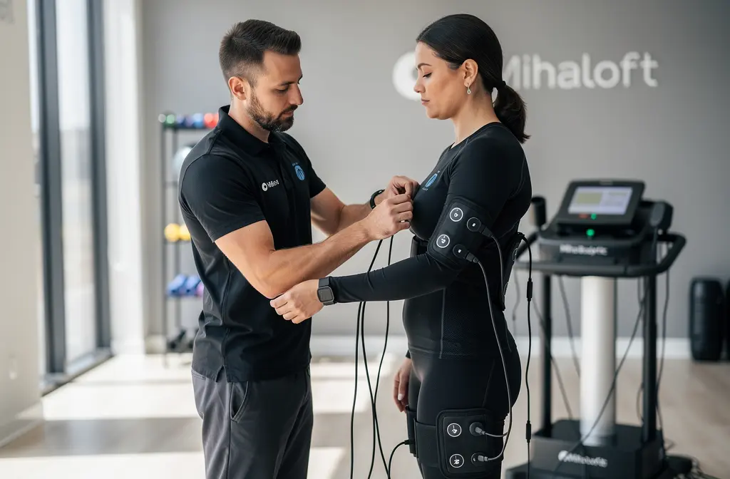 Coach ajustant les électrodes lors d'une séance EMS