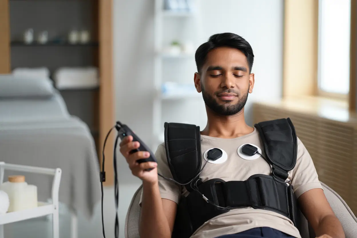 Séance de TENS avec appareil de contrôle et électrodes