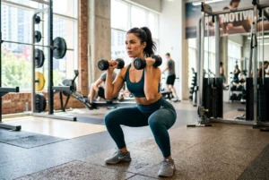 Femme faisant des squats en salle de sport