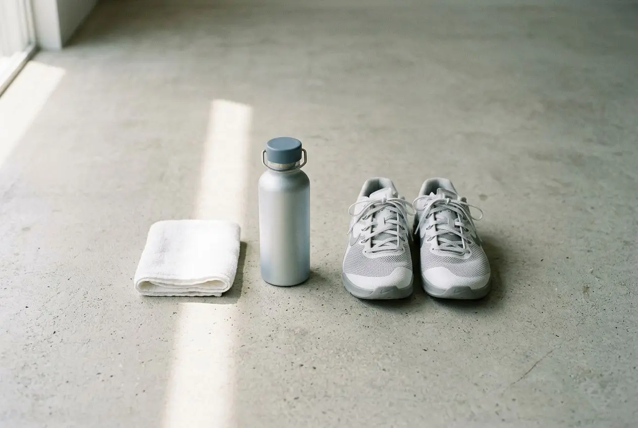 Chaussures de sport, bouteille d'eau et serviette prête pour une séance d'électrostimulation EMS, vêtement confortables suggérés, comment s'habiller pour séance électrostimulation.