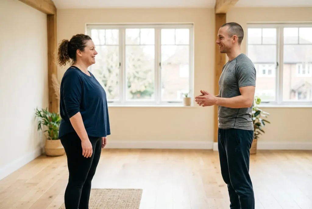 Deux personnes discutant dans un intérieur lumineux: un homme et une femme debout face à face, sourire, ambiance détendue.