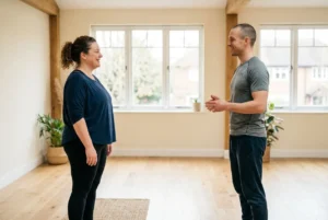 Deux personnes discutant dans un intérieur lumineux: un homme et une femme debout face à face, sourire, ambiance détendue.