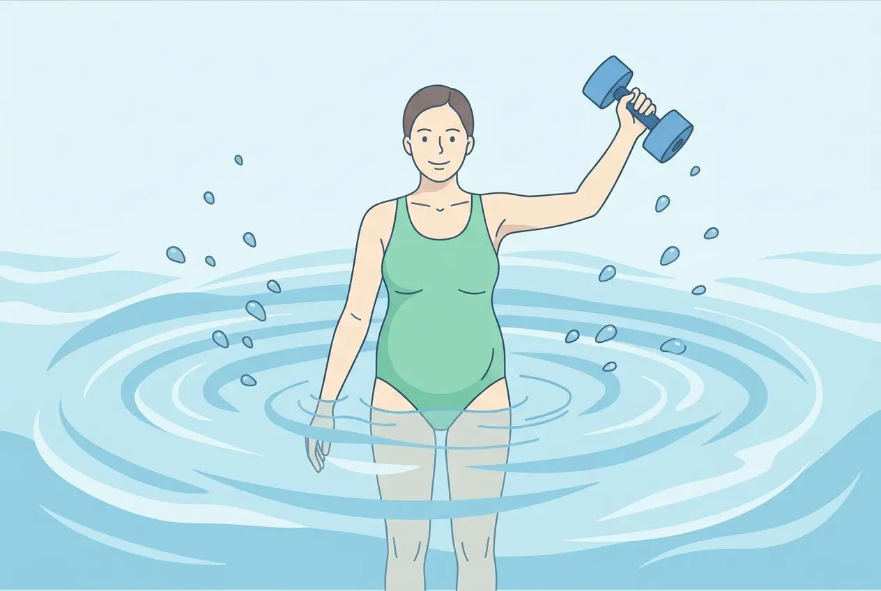 Femme enceinte de 6 mois debout dans l’eau, haltère dans une main, exercice doux et respiration guidée pour l’exercice pour femme enceinte 6 mois.