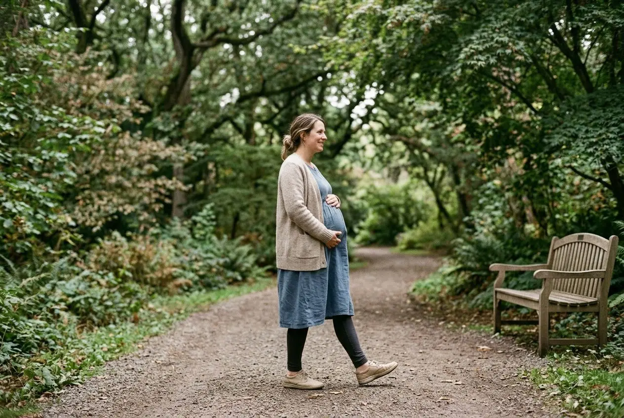 Femme enceinte de 6 mois marchant sur un chemin de parc, entourée d’arbres, jogging léger et sourire. Exercice pour femme enceinte 6 mois.