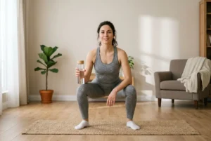 Femme faisant des squats assortis dans un salon, tenant une bouteille d’eau, sur tapis en osier; ambiance lumineuse et zen pour une tonification musculaire en 20 minutes.
