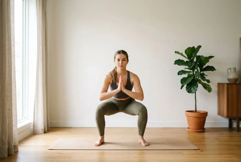 Femme en posture de squat prêtresse, mains jointes devant la poitrine, exercice de 20 minutes de musculation par jour à domicile.