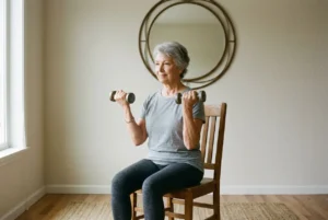 Femme senior assise sur une chaise, fait des curls avec des haltères légers dans un intérieur lumineux. comment tonifier les muscles des bras quand on est senior.