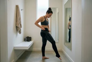 Femme en tenue de sport ajustée ajustant son pantalon de compression avant une séance d’électrostimulation EMS, miroir et vestiaire en fond.