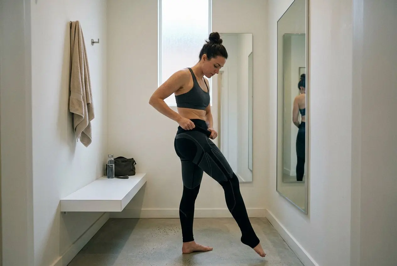 Femme en tenue de sport ajustée ajustant son pantalon de compression avant une séance d’électrostimulation EMS, miroir et vestiaire en fond.