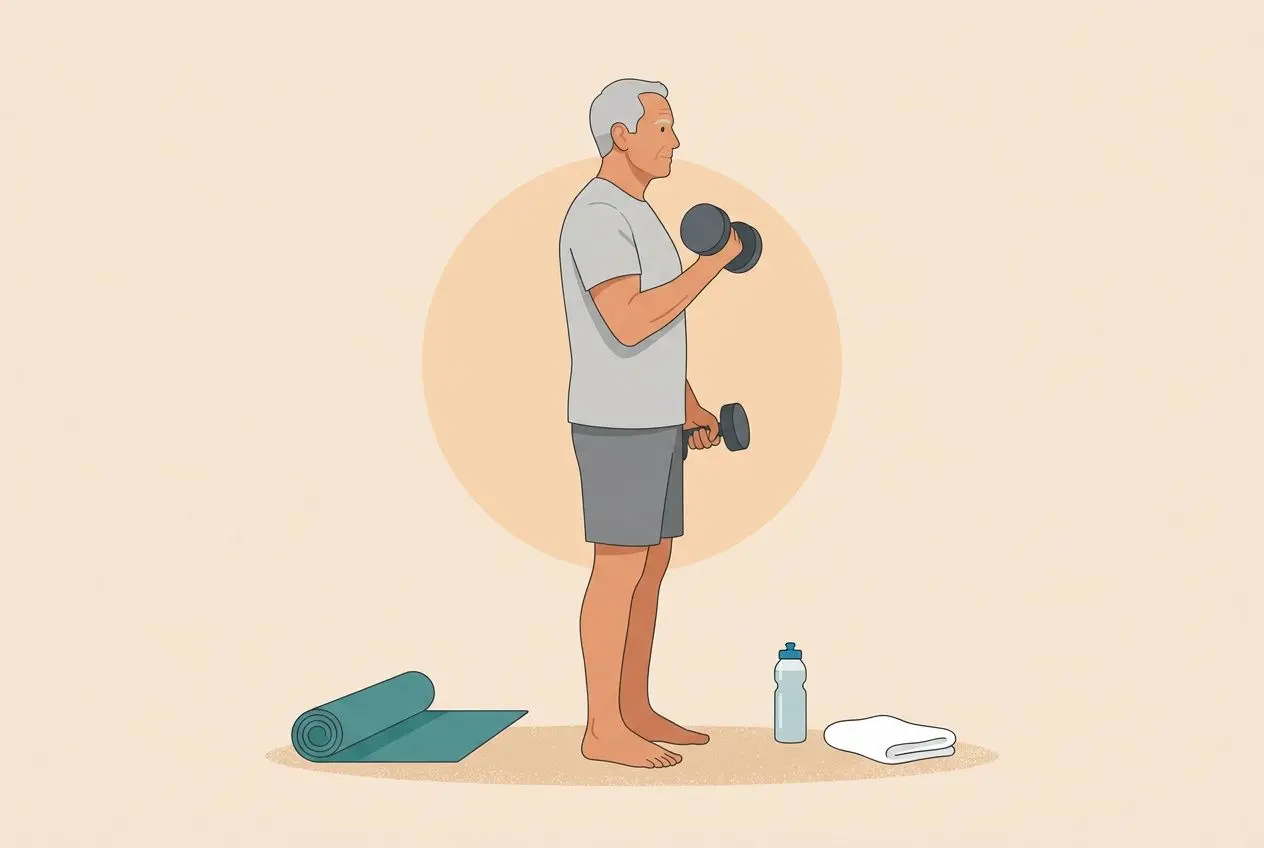 Homme senior faisant des curls avec haltères, pose debout, tapis de yoga, bouteille d’eau et serviette à proximité. Comment tonifier les muscles des bras quand on est senior.