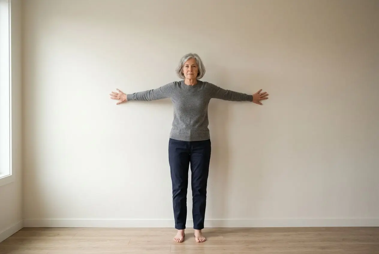 Performante senior s’étire les bras écartés contre un mur intérieur, pieds nus, vêtue d’un pull gris et d’un pantalon sombre. comment tonifier les muscles des bras quand on est senior.