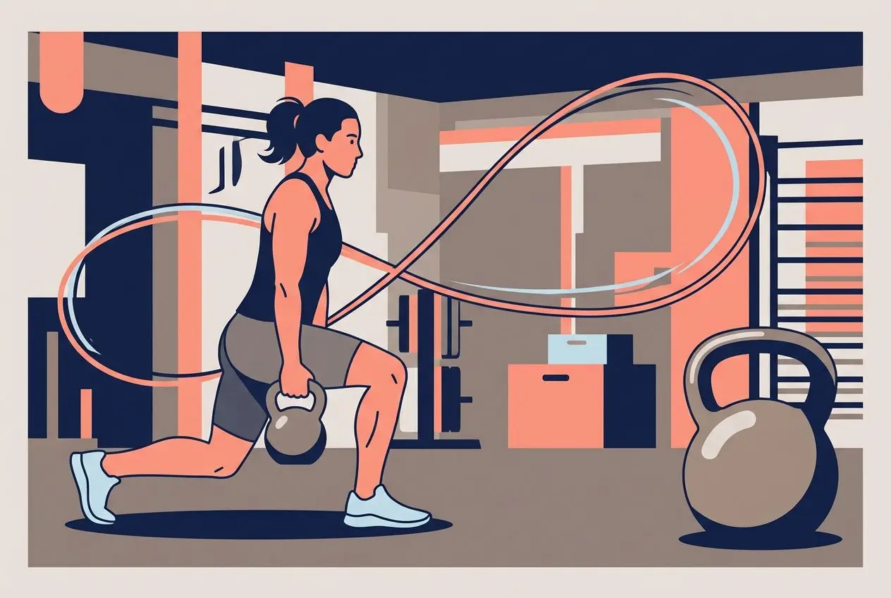 Personne effectuant une fente avec haltères dans une salle de sport, en équilibre sur un genou, avec un ballon de sport et un kettlebell visibles. meilleur sport pour affiner le corps est lié au contexte.