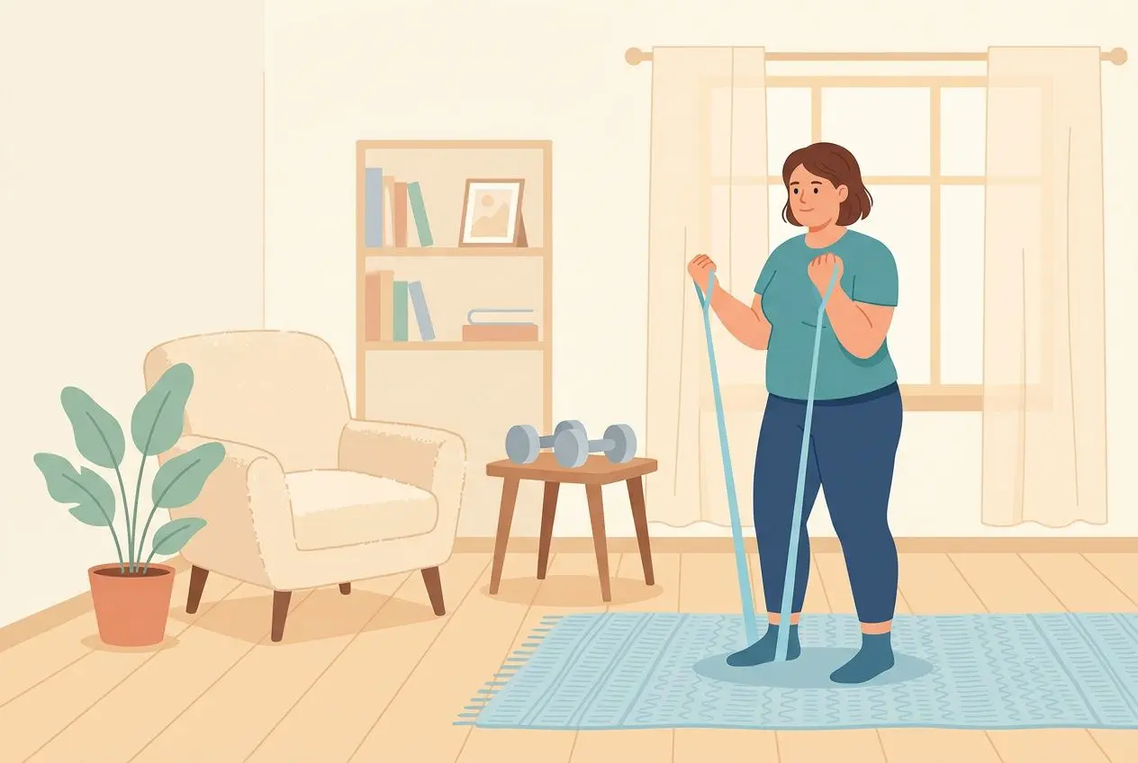 Personne obèse faisant des exercices avec des bandes de résistance dans un salon lumineux.