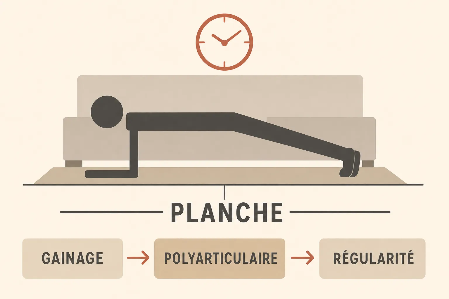 Planche de musculation domestique: démonstration de gainage et progression vers la régularité, dans le concept « 20 minutes de musculation par jour ».