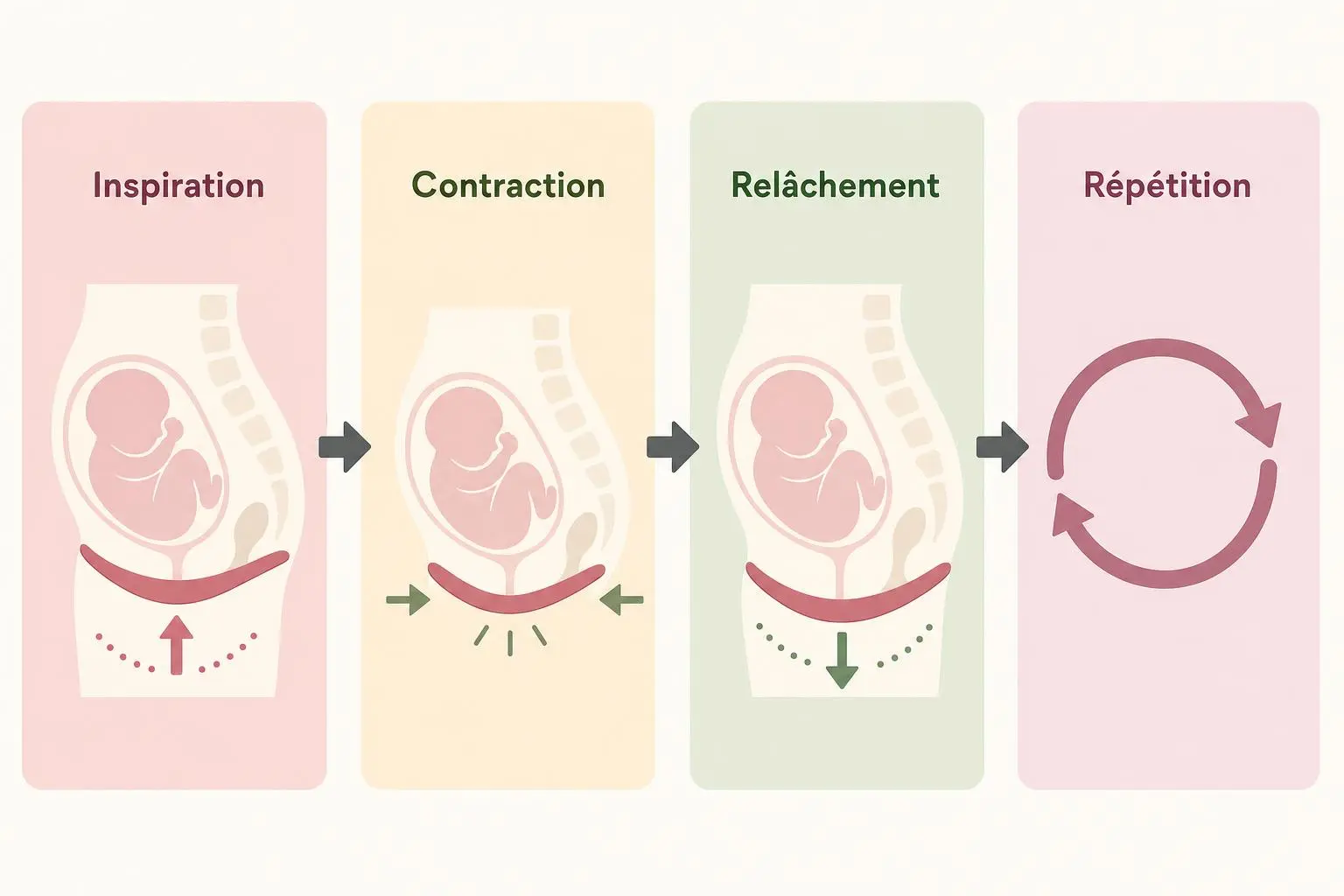 Schéma illustrant les étapes du cycle de l’exercice pour femme enceinte 6 mois : inspiration, contraction, relâchement et répétition.