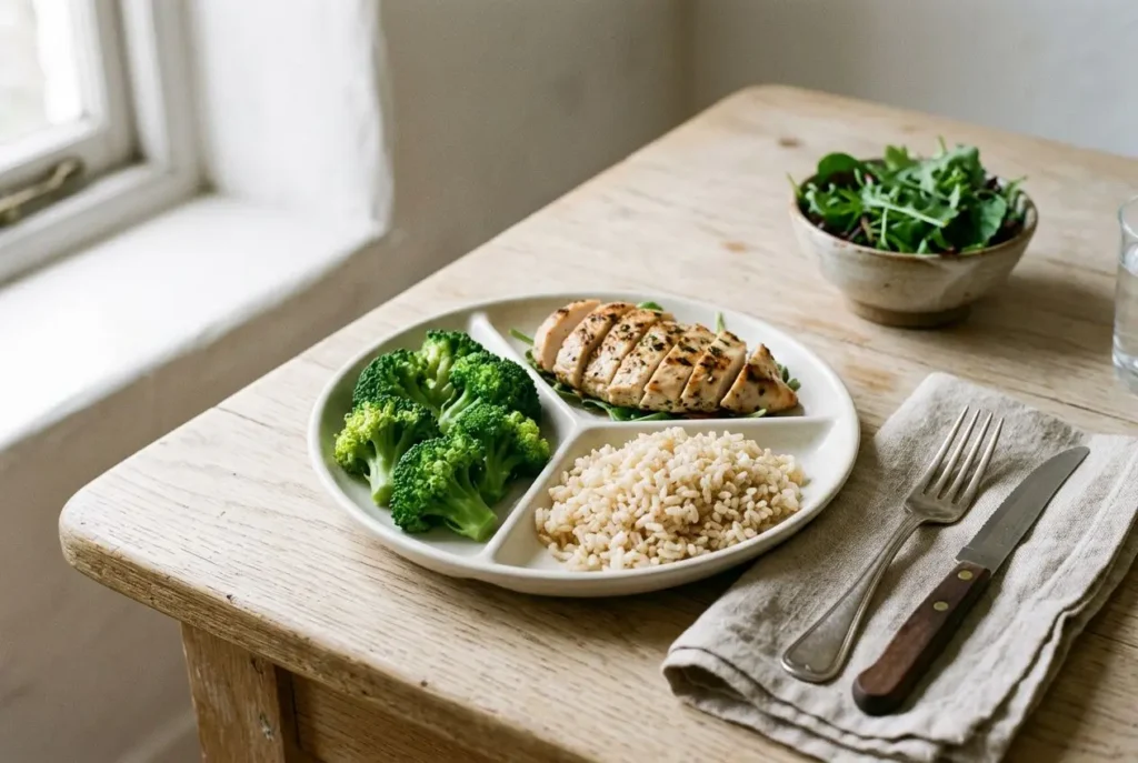 Assiette équilibrée avec brocoli, poulet grillé et riz complet, accompagnée d’une salade verte. Perdre du poids sans sport ni régime peut passer par ce type de repas sain.