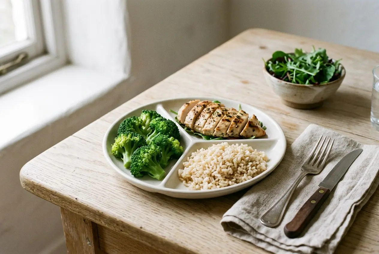 Assiette équilibrée avec brocoli, poulet grillé et riz complet, accompagnée d’une salade verte. Perdre du poids sans sport ni régime peut passer par ce type de repas sain.
