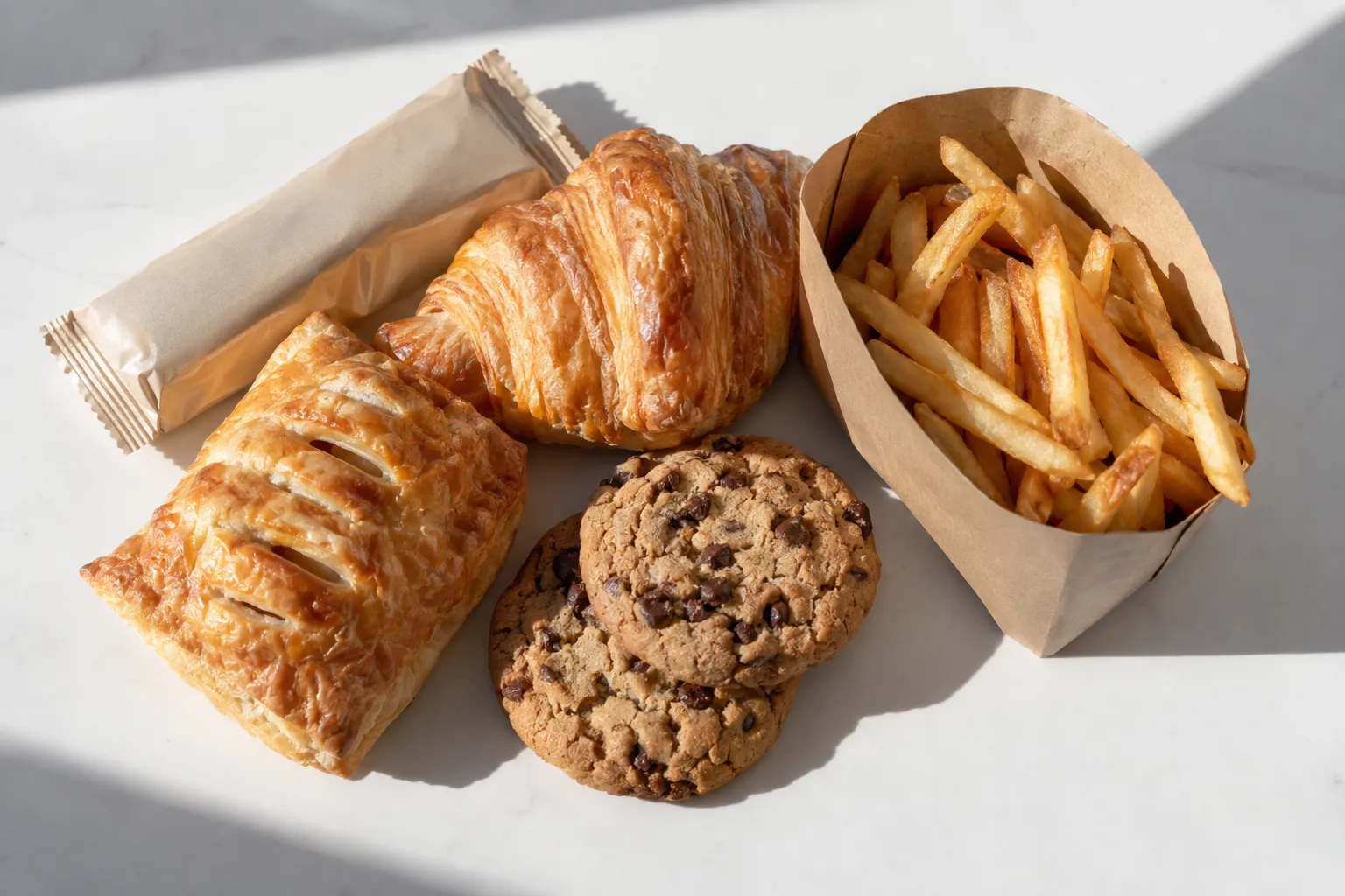 Assortiment d’en-cas riches en calories: croissant, pain au chocolat, cookies et frites dans un sac en papier. Aliments à ne pas manger pour maigrir.