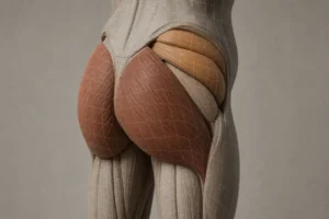 Cuisse et fesses visibles sur un modèle anatomique en suspension; muscles fessiers publiés en rouge brun, exposition des groupes musculaires autour des fesses. intégré: comment renforcer ses muscles fessiers.