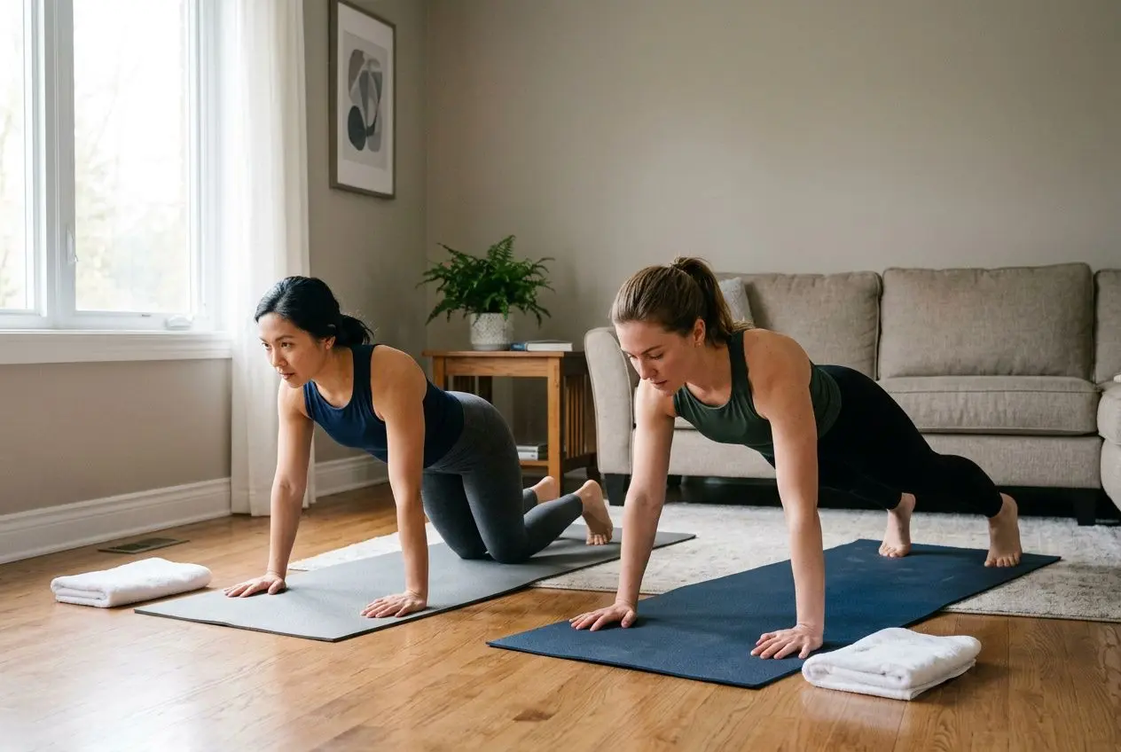 Deux femmes en position de planche sur des tapis de yoga dans un salon, exécutant un entraînement de renforcement musculaire 30 minutes, avec serviettes à proximité.
