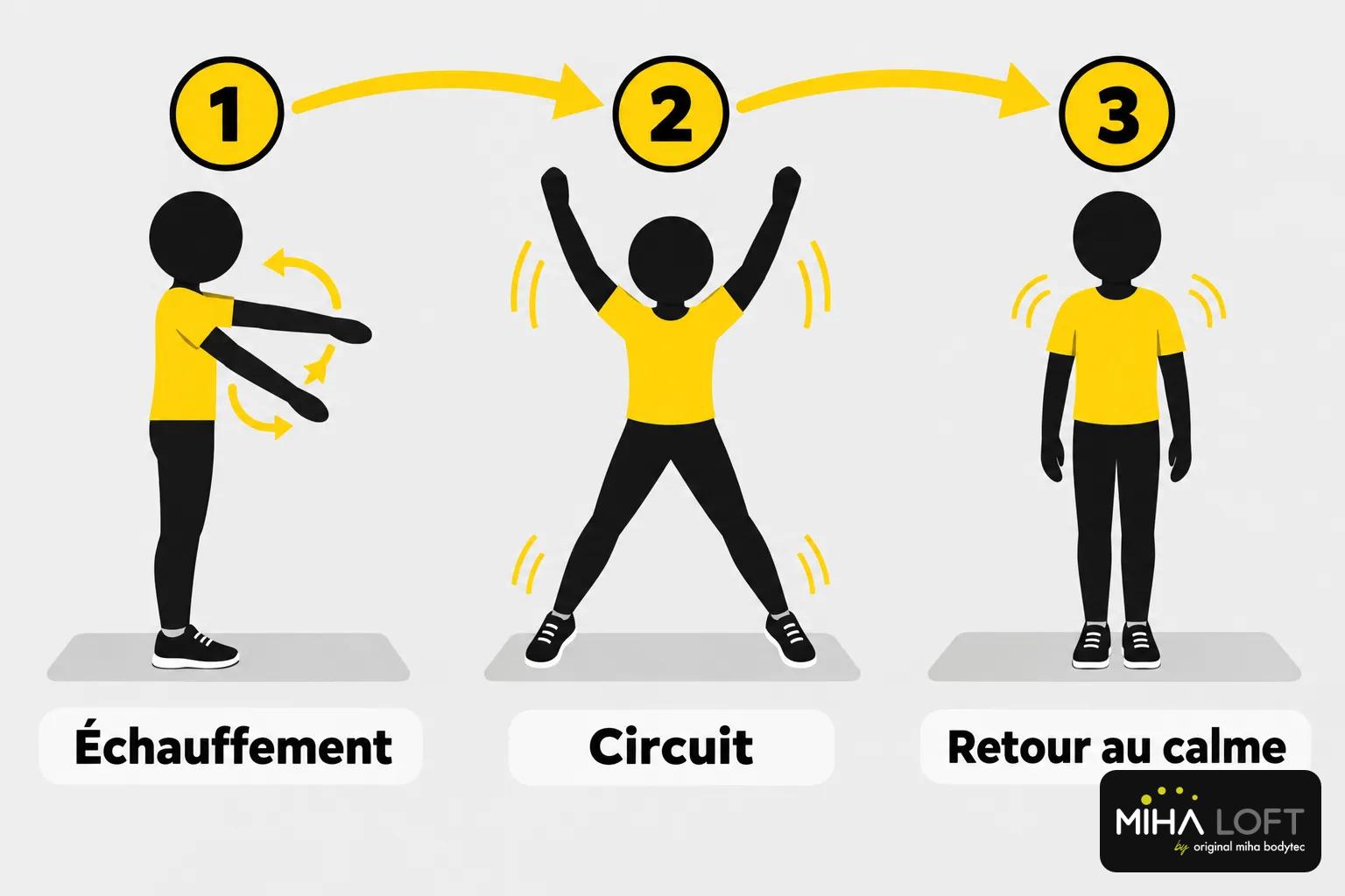 Échauffement, puis circuit avec les bras levés et les pieds écartés, puis retour au calme debout.