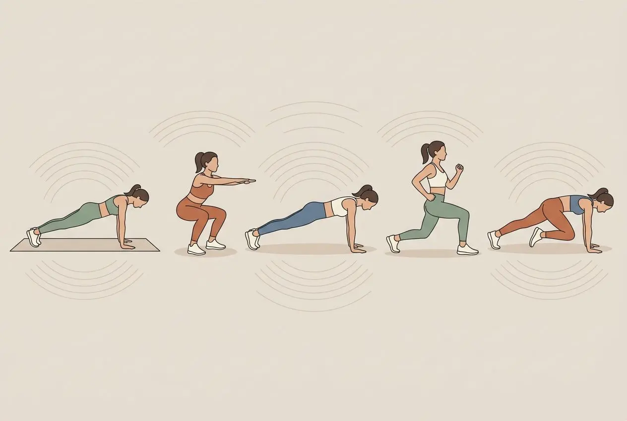 Exercice pour tonifier le corps femme : progression de planches et squats en cinq positions alignées, démontrant le mouvement et la stabilité.