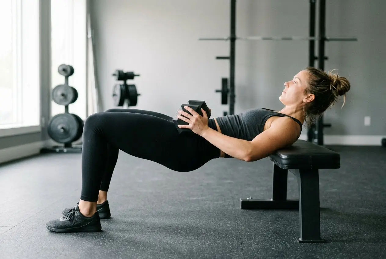 Femme sur banc de musculation effectuant un exercice de tonification du tronc avec haltères, salle de sport moderne. exercice pour tonifier le corps femme, développement du gainage et du haut du corps.