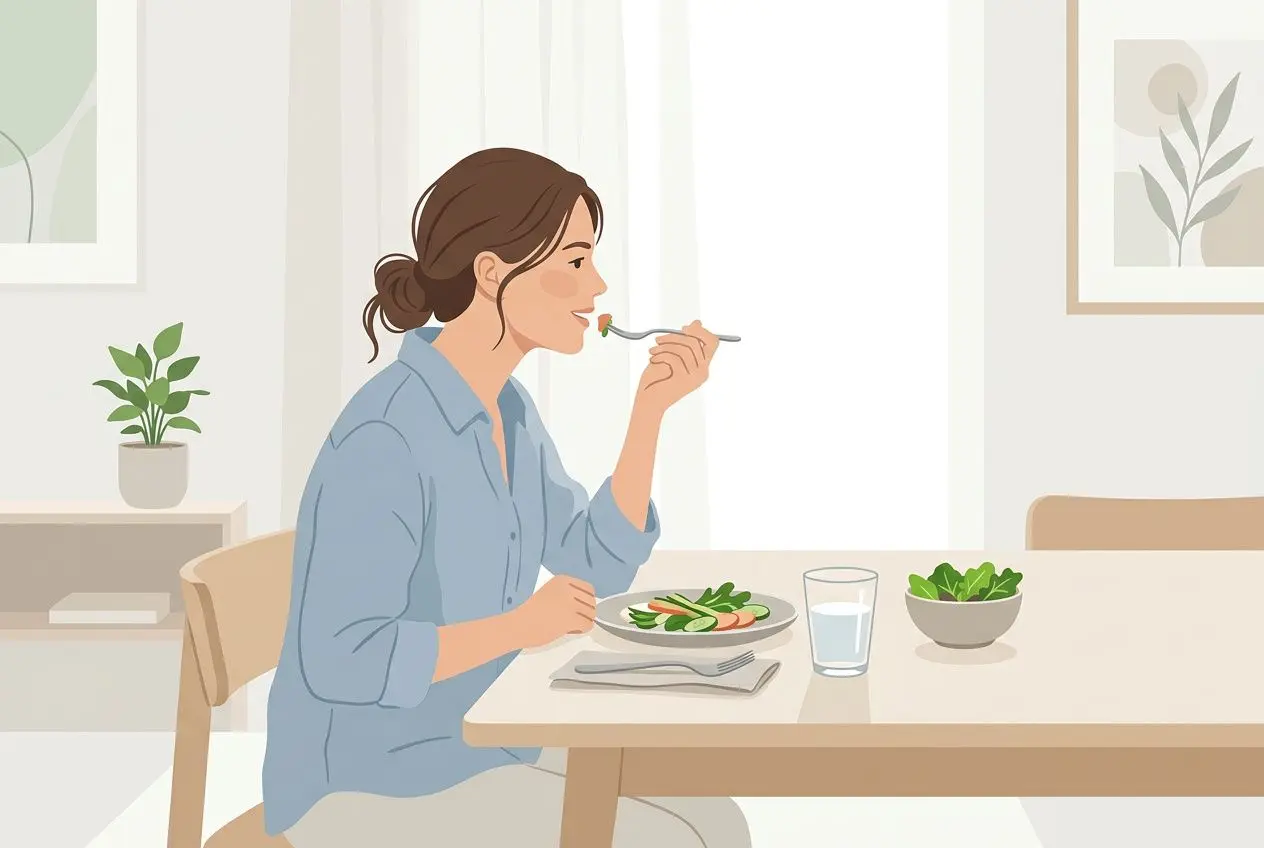 Femme mangeant une salade équilibrée à table, en costume décontracté, en train de savourer sans sport ni régime.