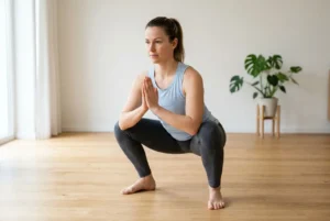 Femme en squats profondes dans une pièce lumineuse, mains jointes en prière, pratique un exercice pour tonifier le corps femme.