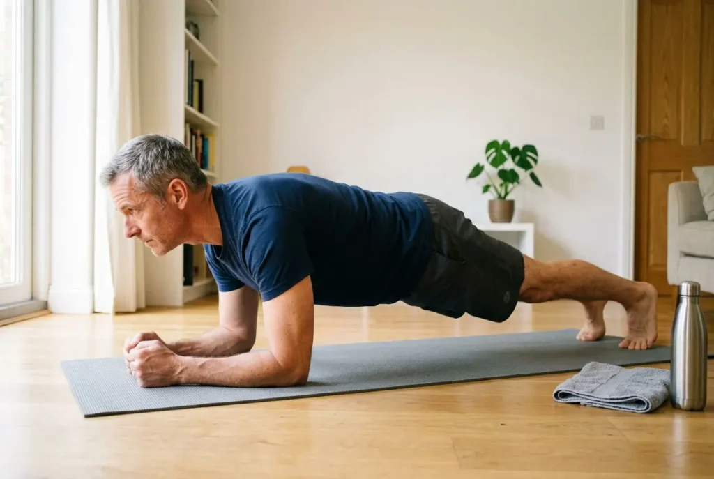 Homme effectuant une planche dynamique sur tapis yoga à domicile, séance de renforcement musculaire 30 minutes adaptée.