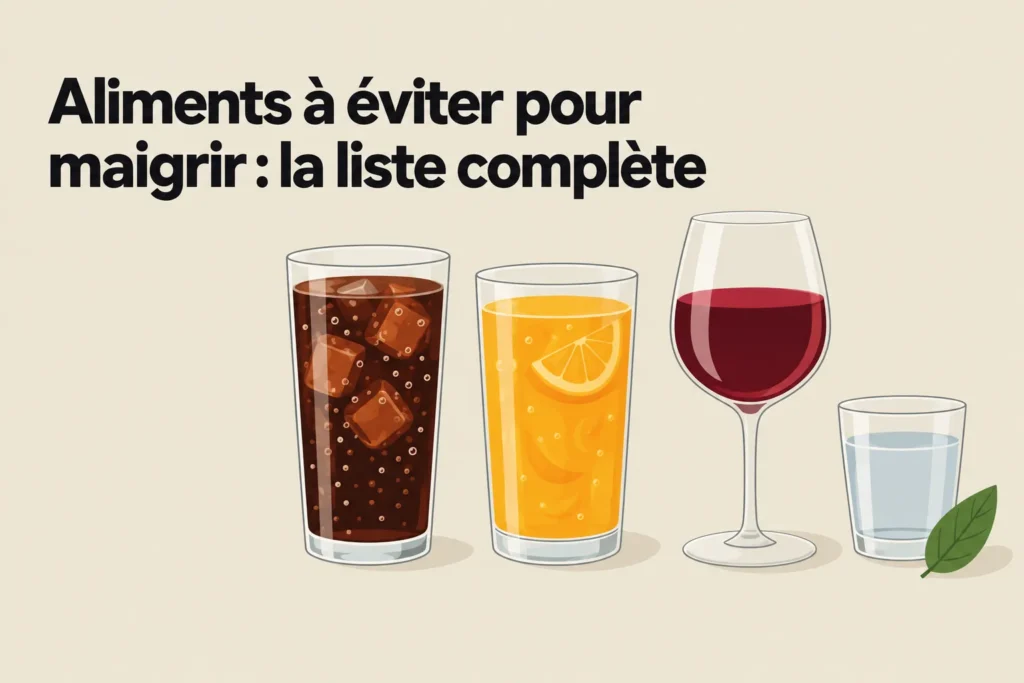 Illustration de quatre verres de boissons (soda, jus, vin et eau) accompagnés d’une feuille, sur fond clair, évoquant les aliments à éviter pour maigrir.