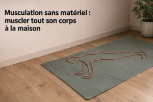 Musculation sans matériel : tapis de sport et corde à traîner sur un sol en bois, prêt pour un entraînement à la maison.