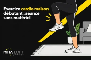 Personne en train de faire un exercice cardio sur tapis ou marche sur place à domicile.