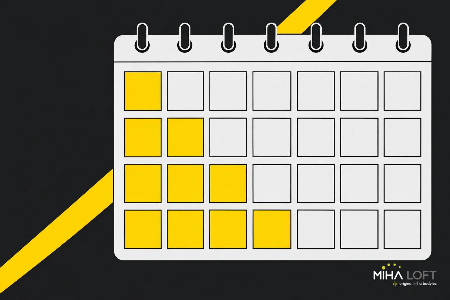 Planche calendaire avec des cases jaunes marquant plusieurs jours sur un fond sombre.
