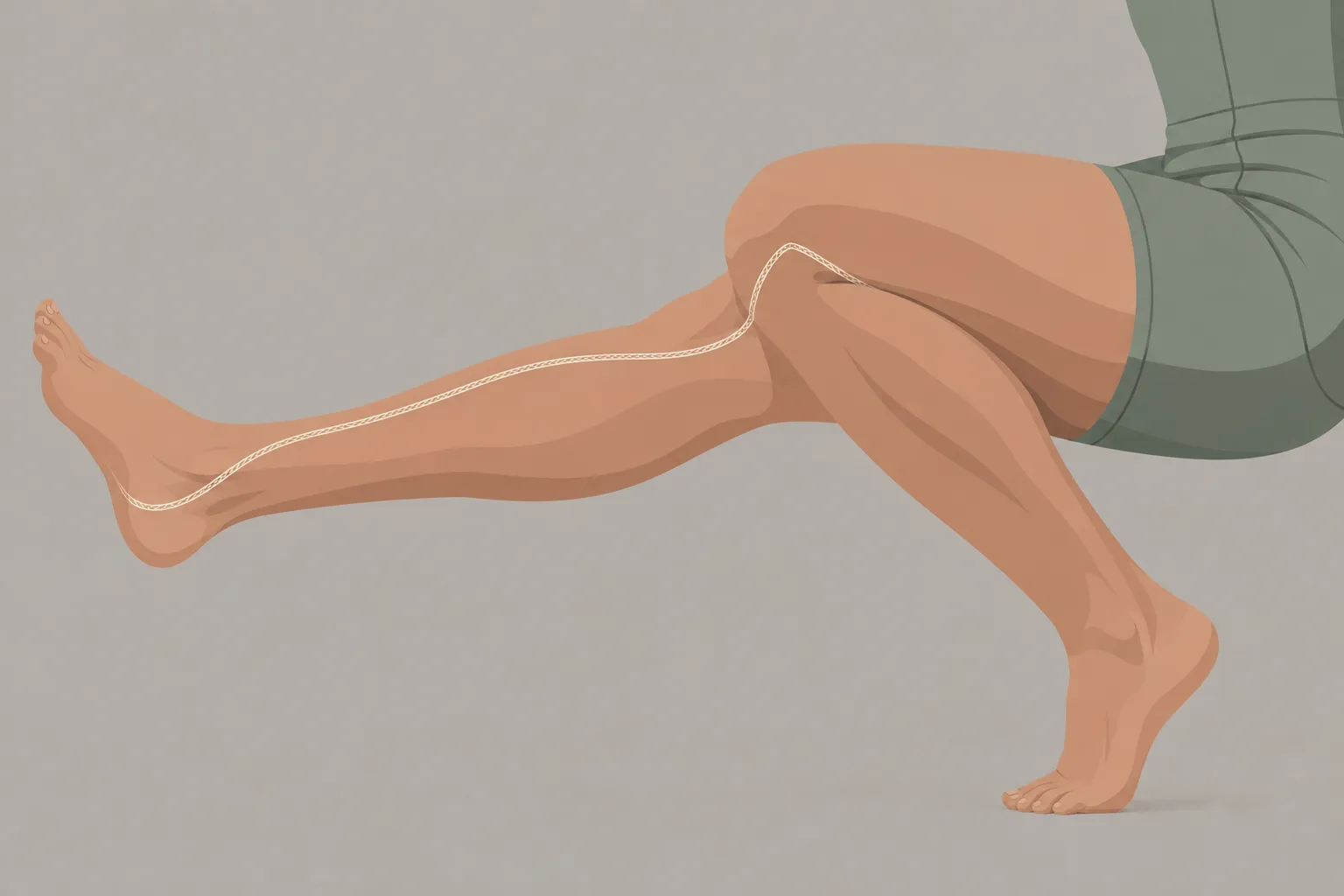 Schéma illustrant les muscles des jambes en mouvement lors d’un exercice de musculation sans matériel à la maison, avec trait indiquant le tracé musculaire.