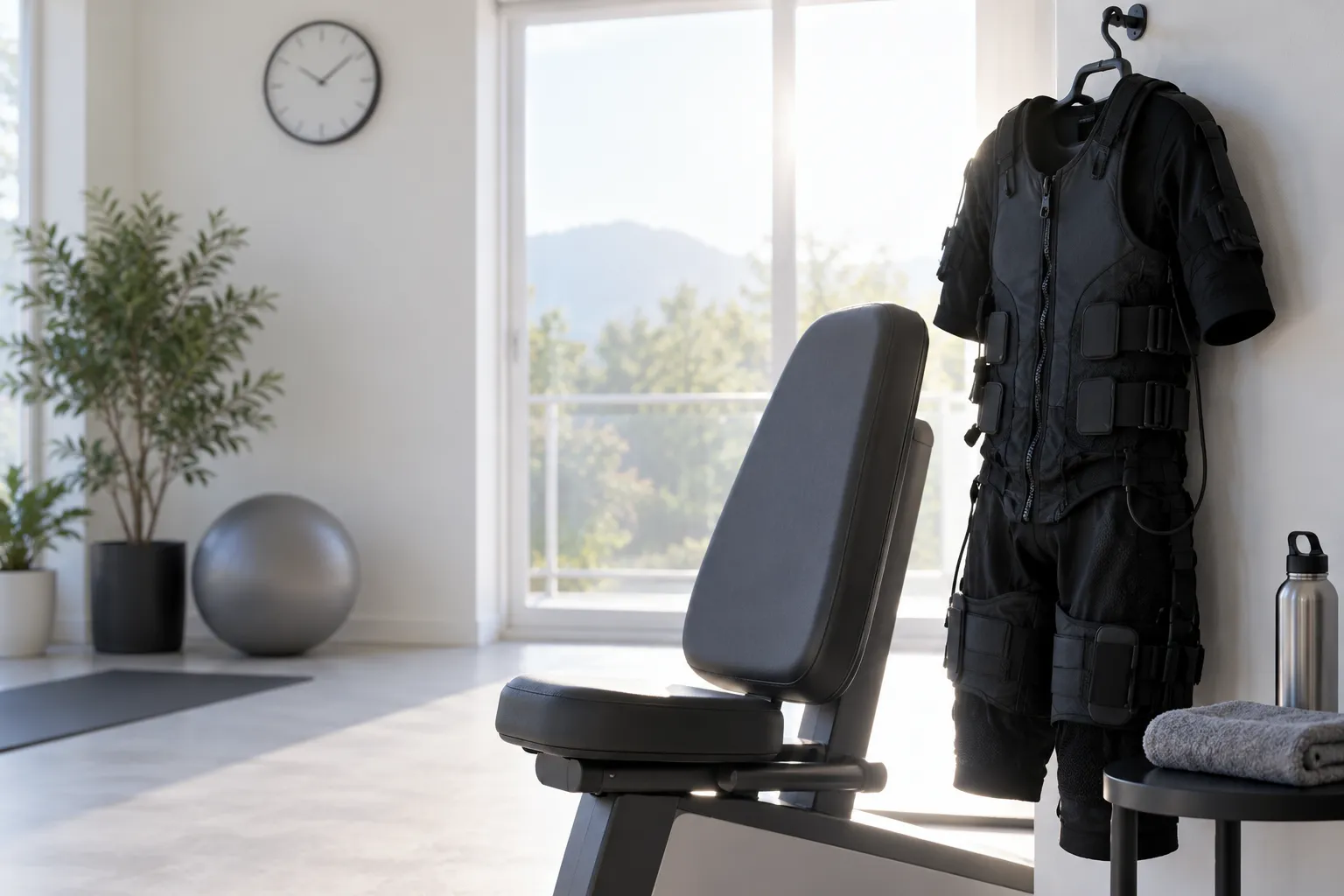 Appareil de sport et gilet de poids suspendus dans une salle d’entraînement domestique près d’une fenêtre.