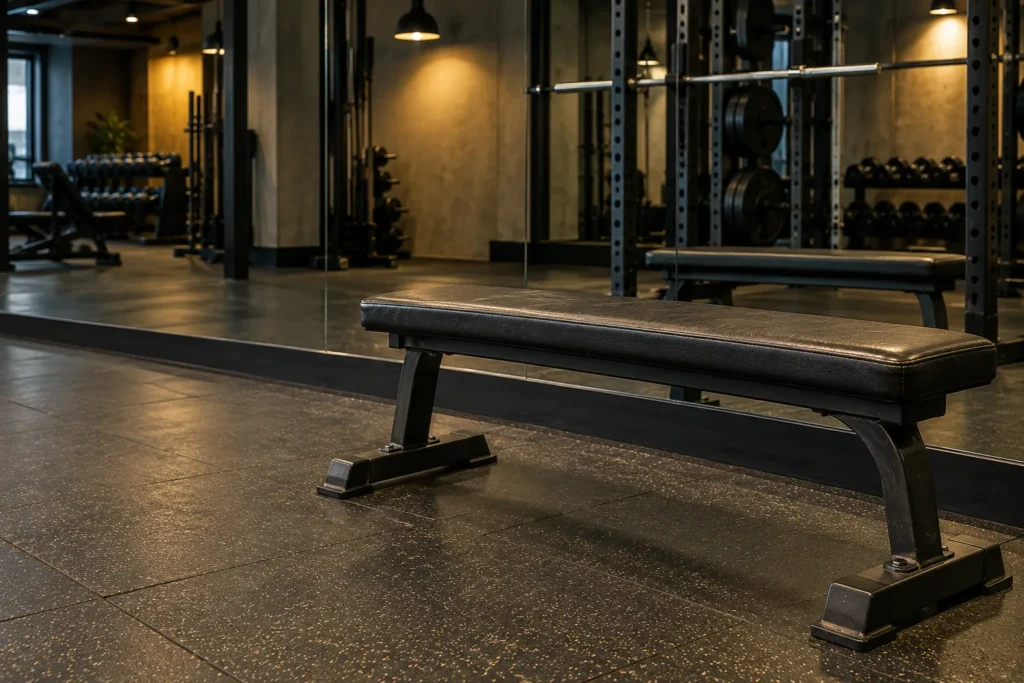 Un banc de musculation se trouve devant un miroir dans une salle de sport.