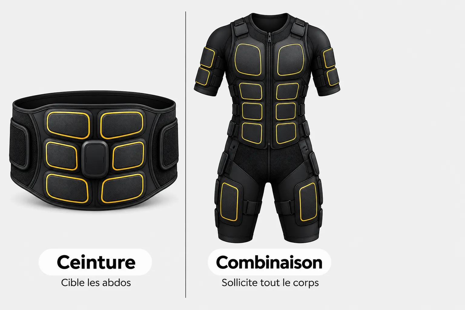 Ceinture et combinaison d'électrostimulation avec des patchs rectangulaires jaunes sur fond noir.