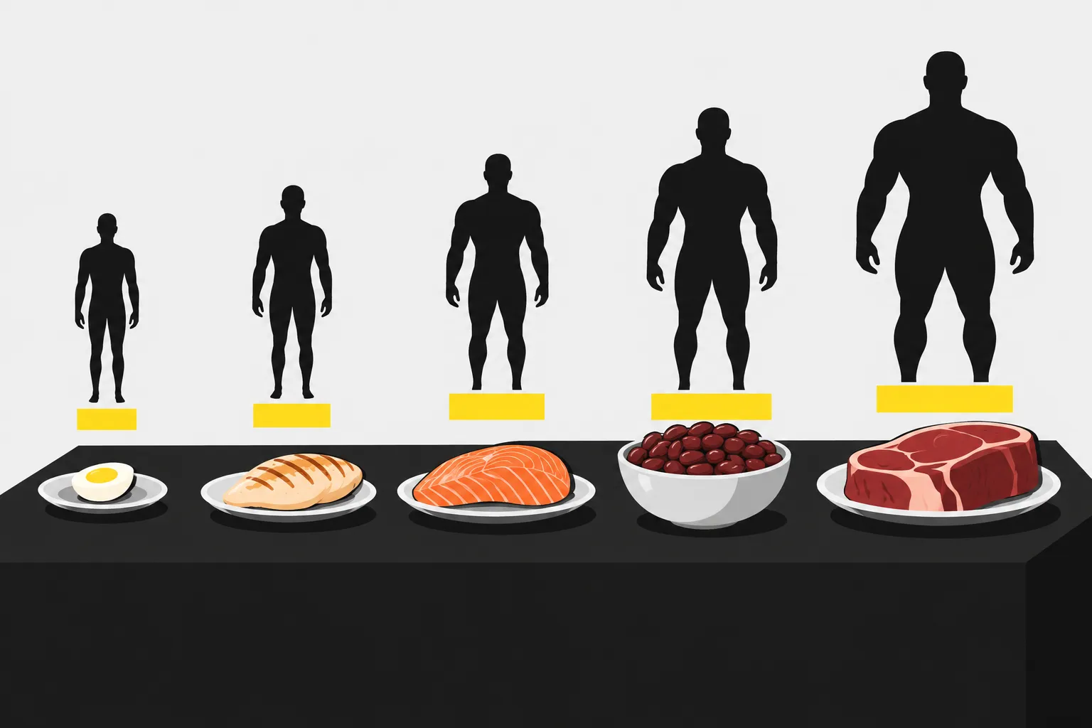 Différents aliments protéinés disposés sur une table avec des silhouettes humaines de tailles croissantes.