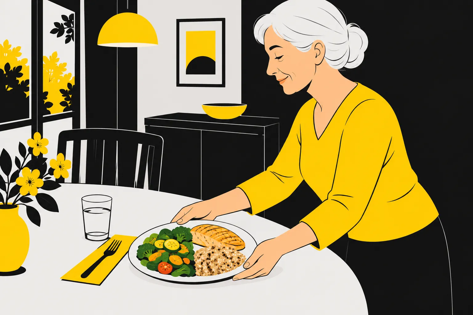 Une femme âgée sert son repas équilibré avec des légumes, des céréales et une portion de protéine sur une assiette à table.