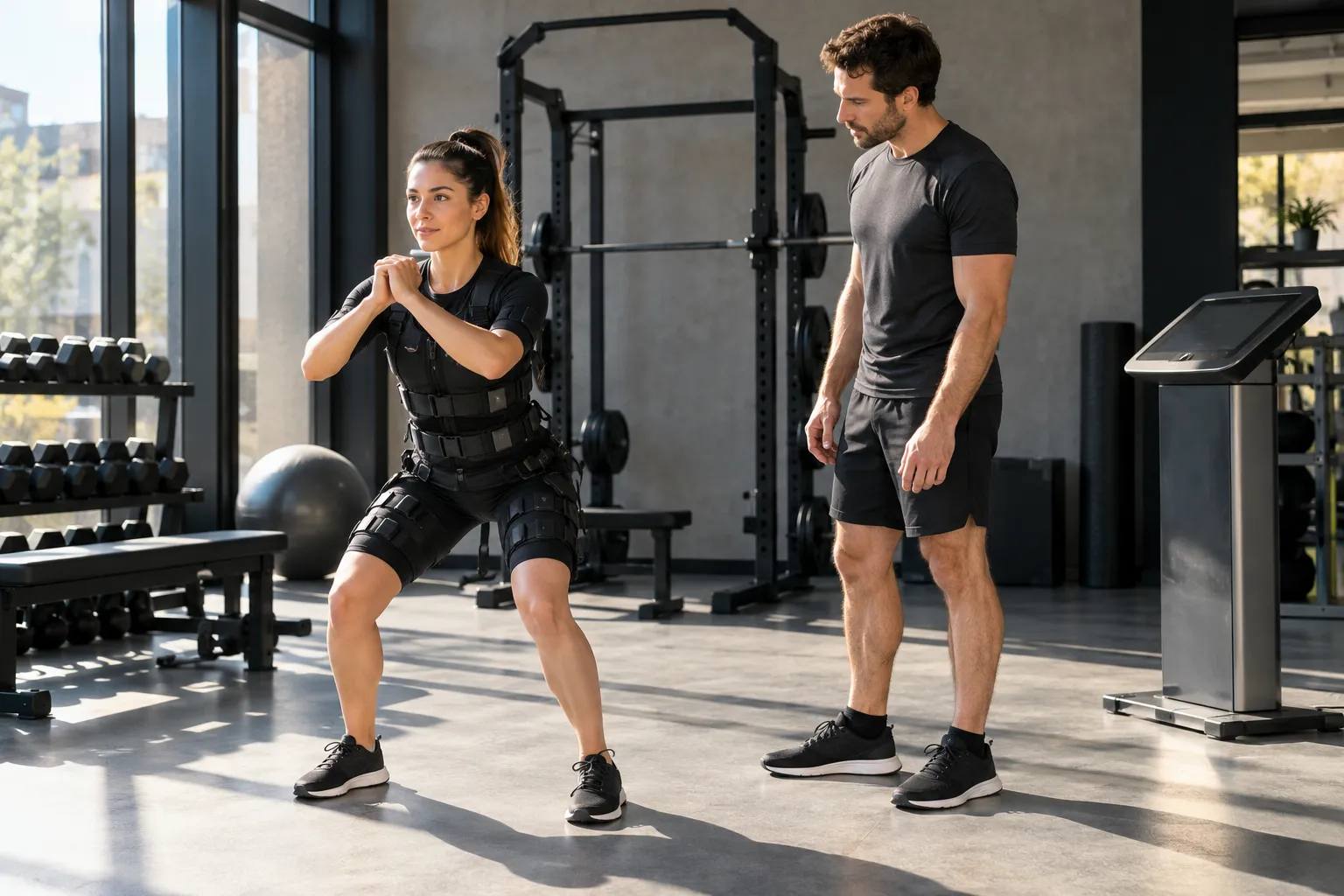 Une femme portant une combinaison d’électrostimulation fait un squat sous la supervision d’un entraîneur dans une salle de