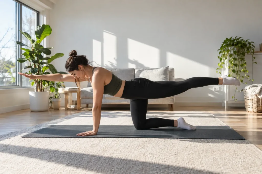 Femme en télétravail sur tapis effectuant un exercice de renforcement lombaire à quatre pattes avec la jambe tendue derrière