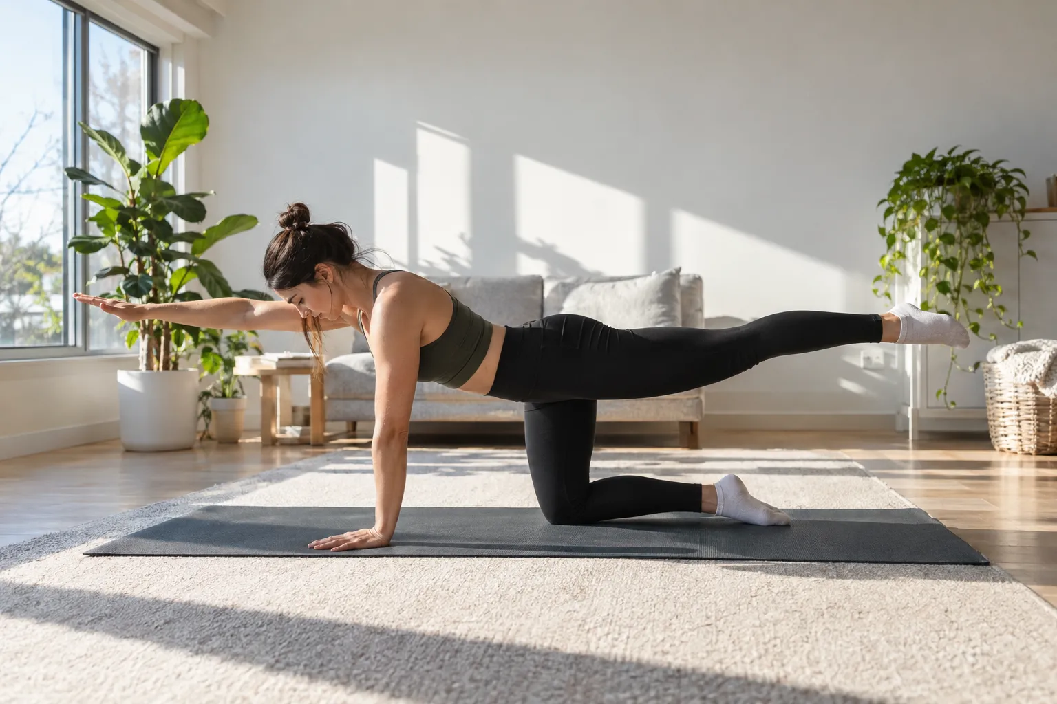Femme en télétravail sur tapis effectuant un exercice de renforcement lombaire à quatre pattes avec la jambe tendue derrière
