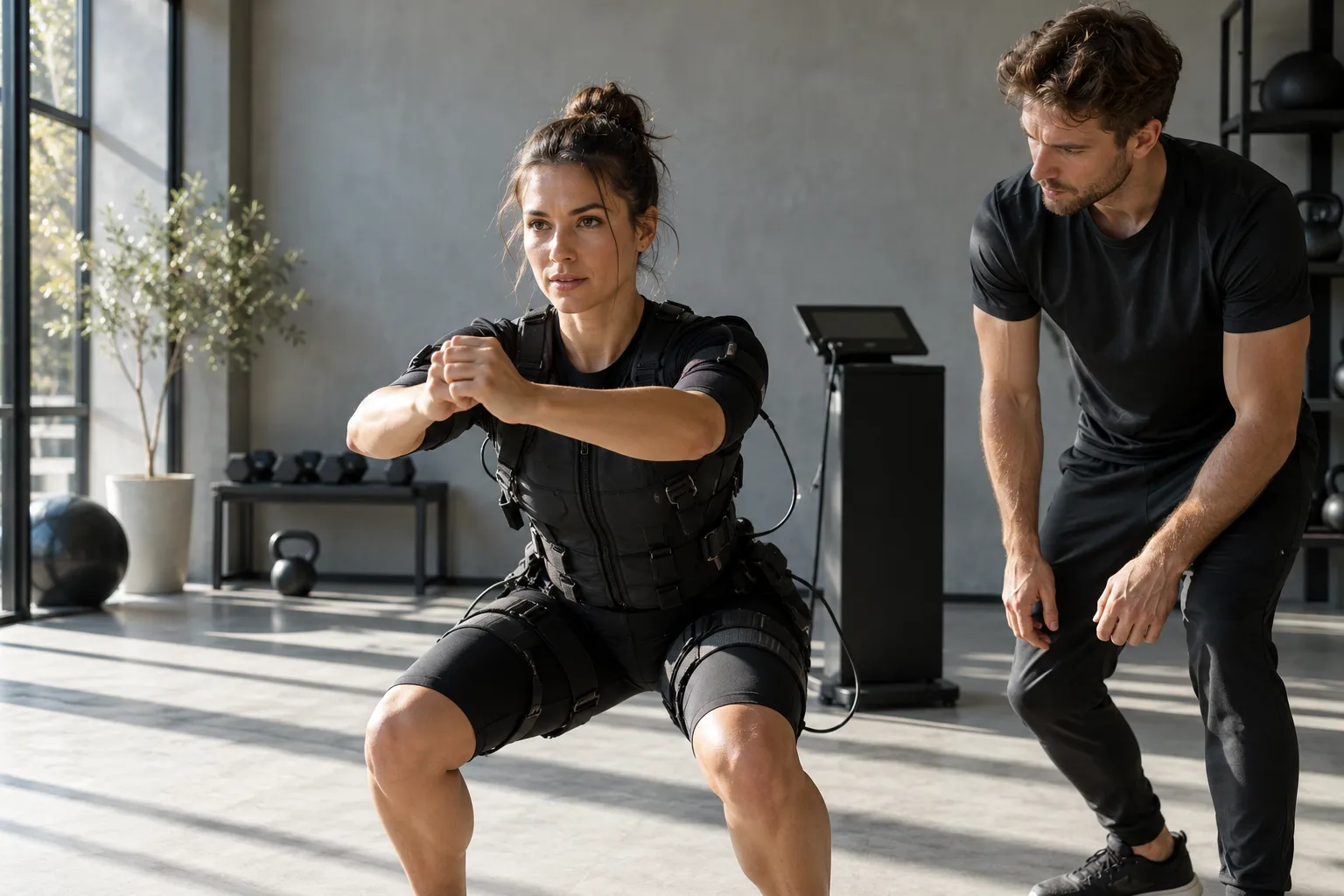 Femme en tenue de sport effectuant un exercice avec une ceinture électrostimulation sous la supervision d’un coach dans une