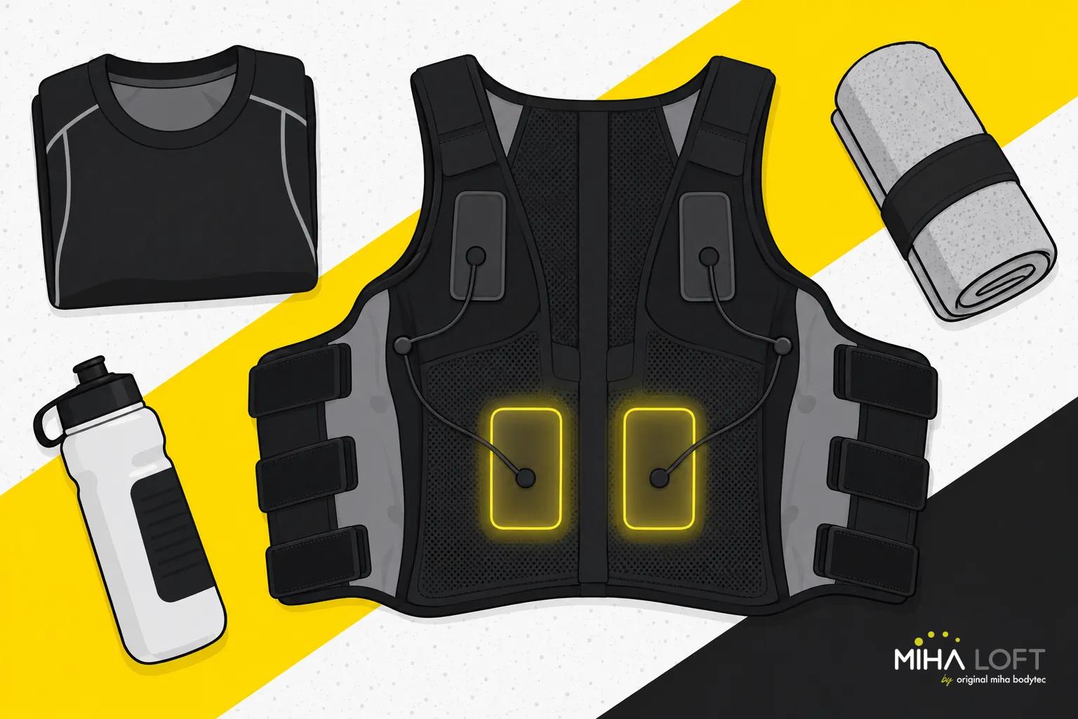 Ce gilet de rééducation avec sensations électriques et électrodes allumées est posé à plat entouré d’un gobelet et d’un