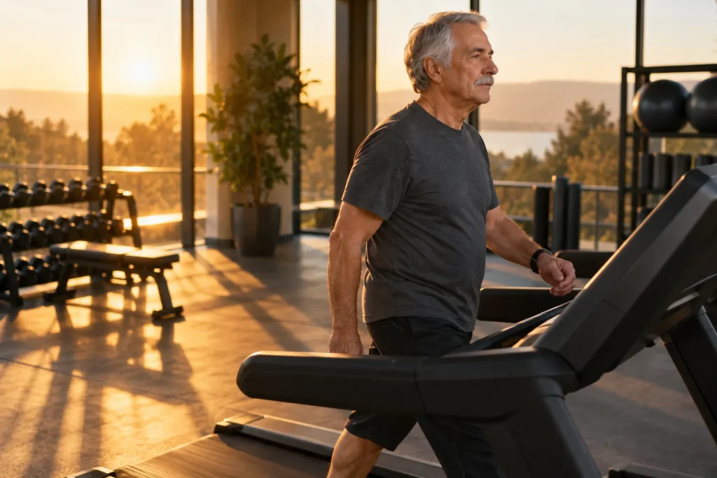 Homme âgé marche sur un tapis roulant dans une salle de sport lumineuse au lever du soleil.