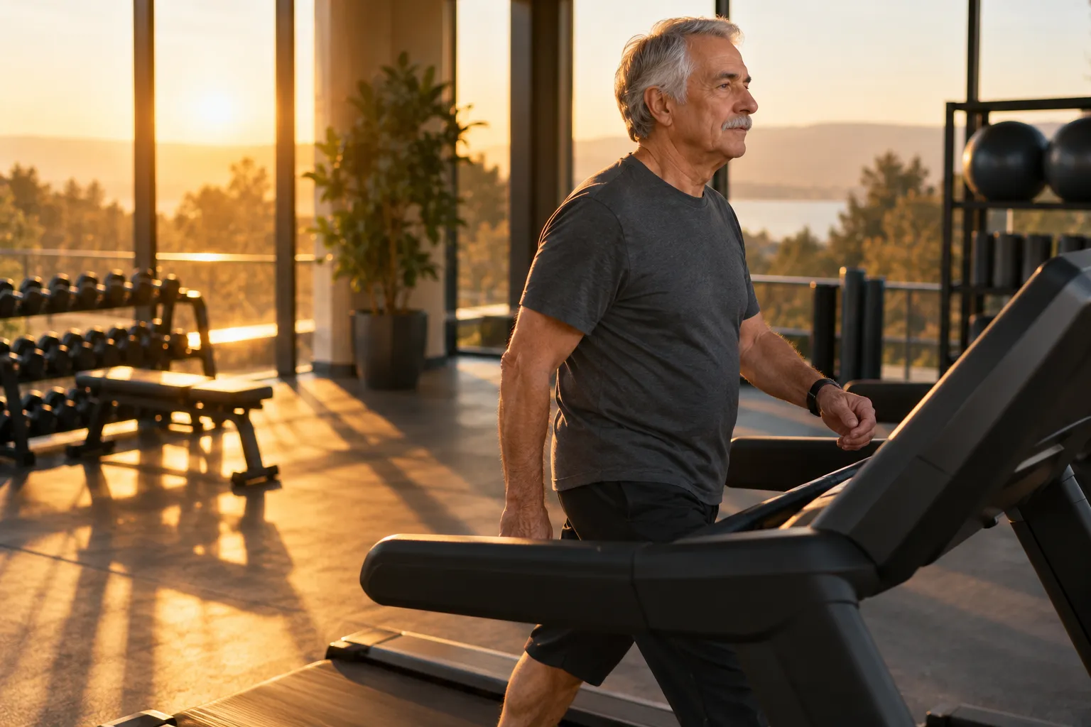Homme âgé marche sur un tapis roulant dans une salle de sport lumineuse au lever du soleil.