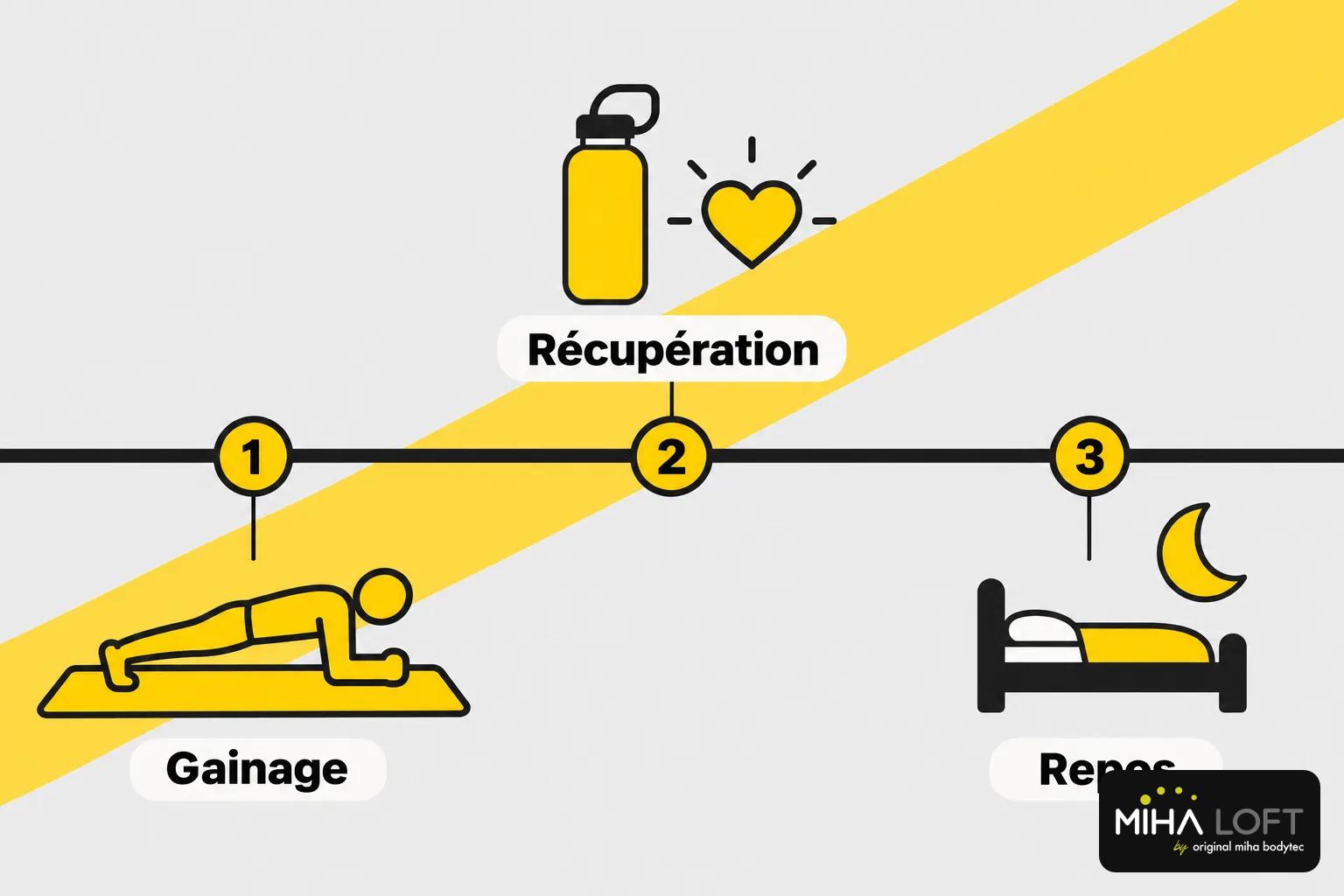Illustration montrant les étapes d’un programme lombaire avec gainage, récupération et repos.