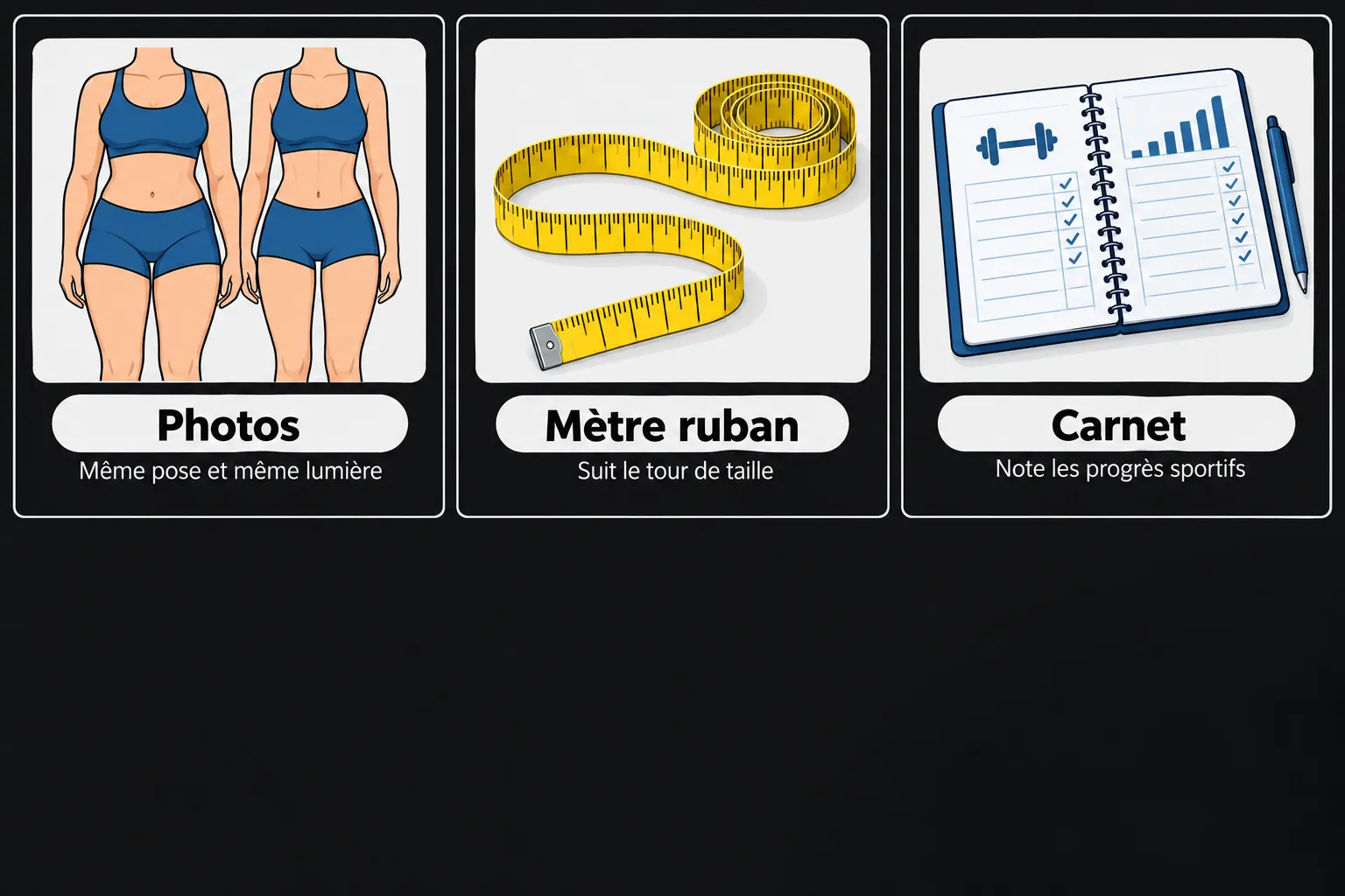 Une illustration montre deux silhouettes, un mètre ruban et un carnet de suivi sportif.